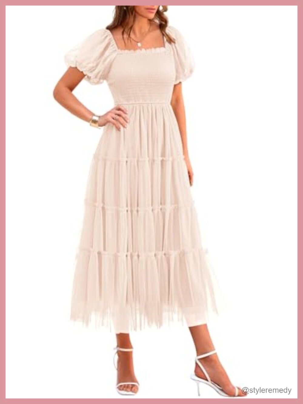 Smocked Midi Tulle Dress Square Neck Puff Sleeve Fit and Flare
